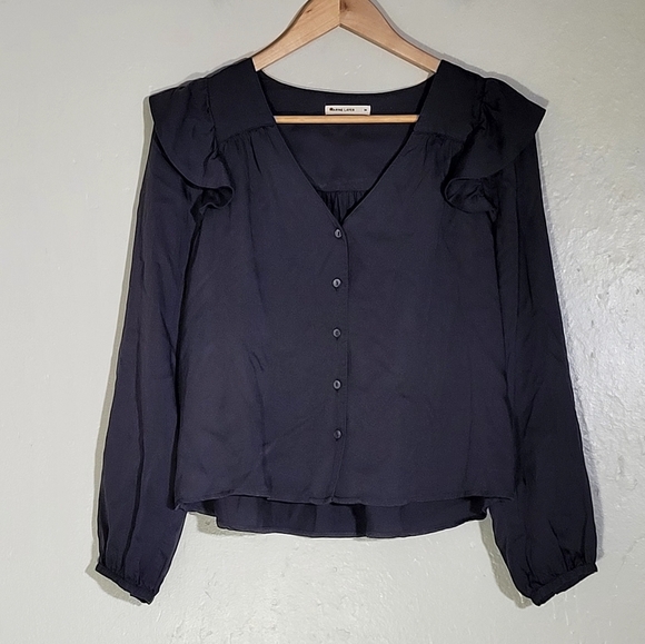Marine Layer Charcoal Rory Long Sleeve Ruffle Blouse - Picture 2 of 7